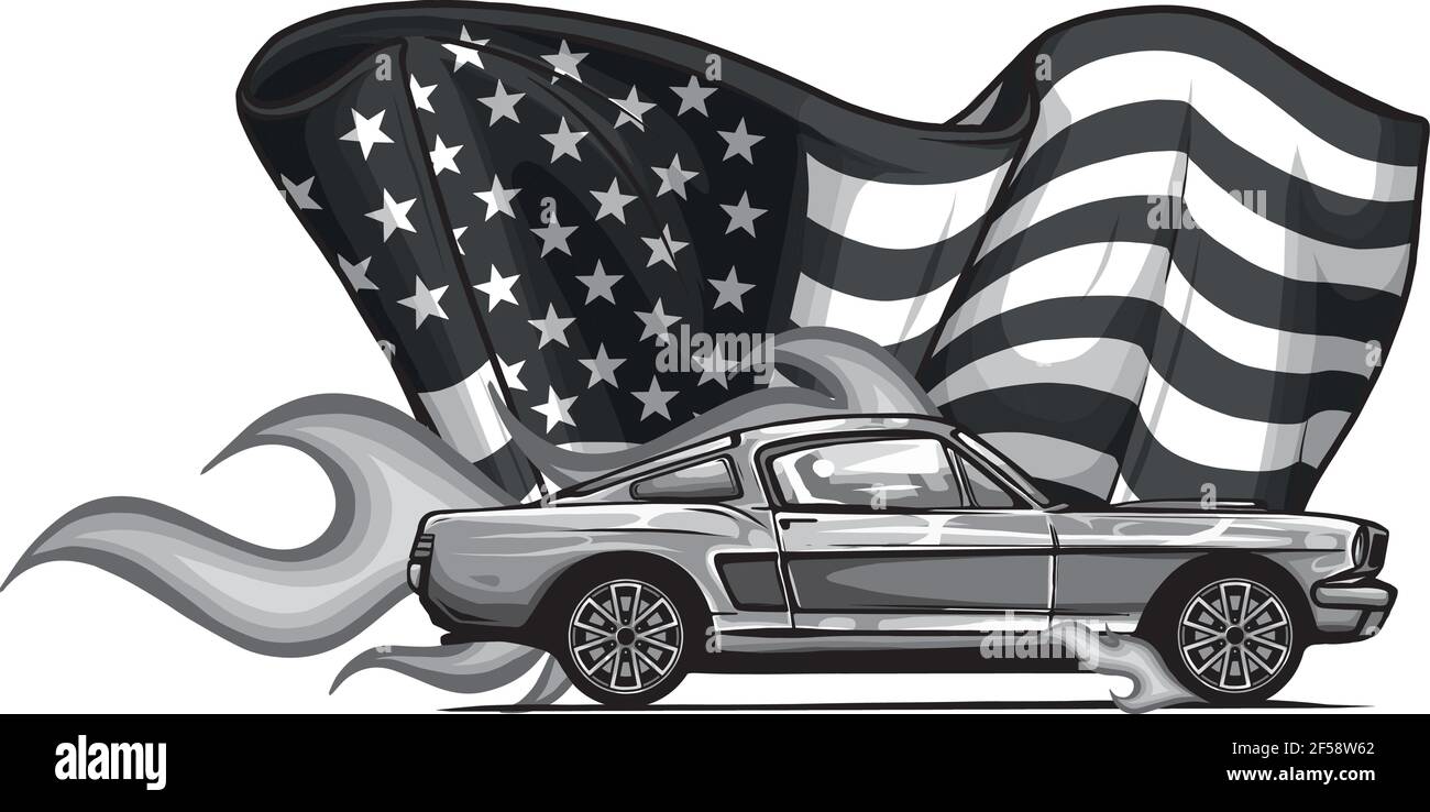 disegno vettoriale di auto muscolare con fiamme e bandiera americana Illustrazione Vettoriale