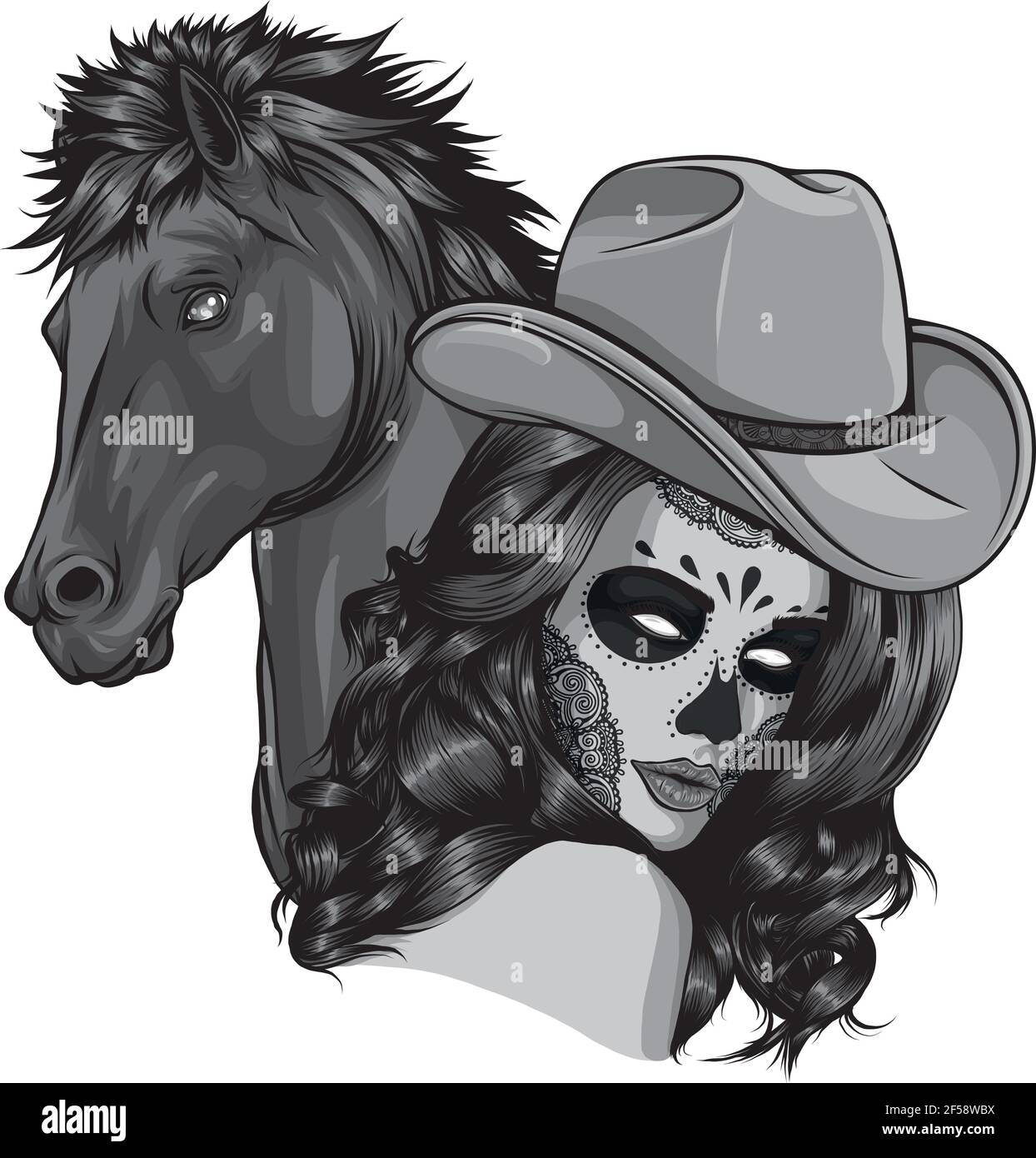 disegno di ragazza vestita da cowboy con cavallo Illustrazione Vettoriale