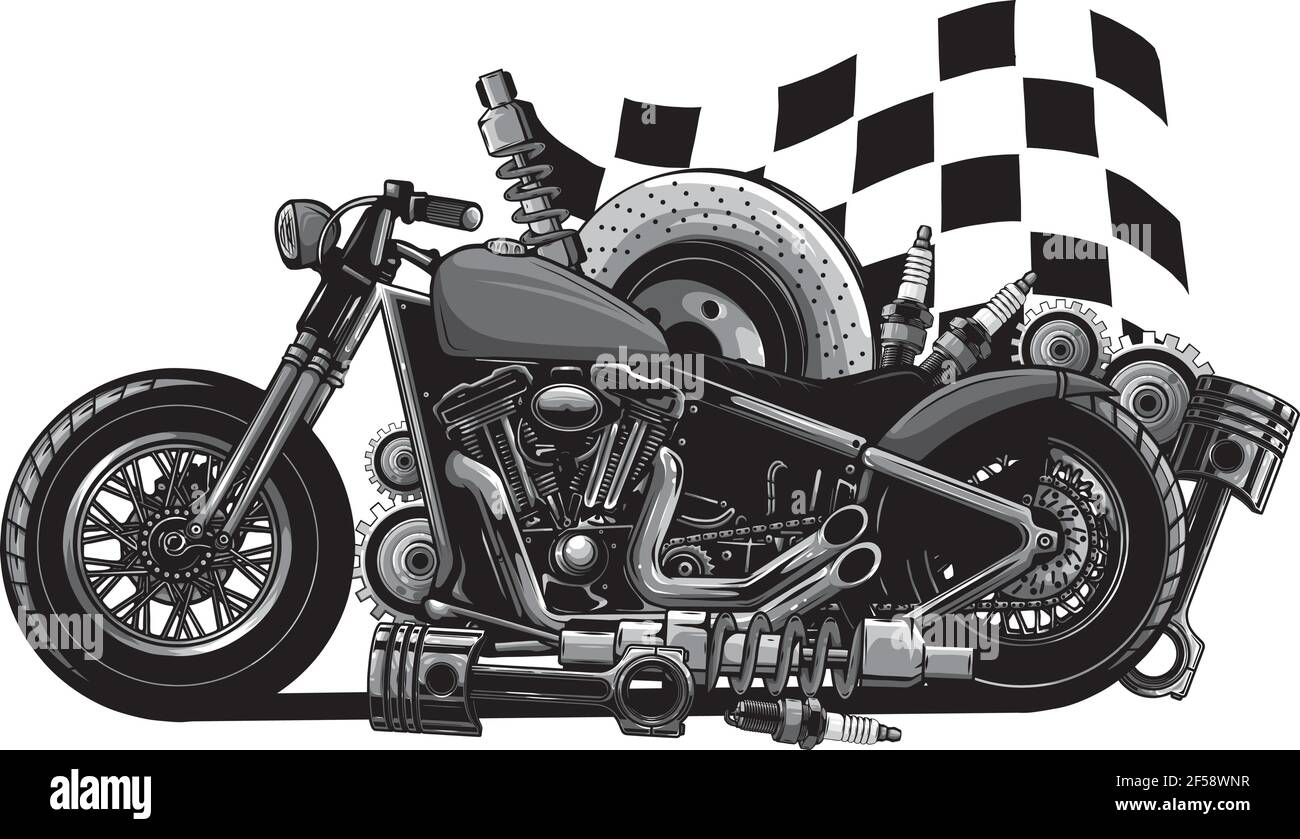 Disegno vettoriale di Moto con parti di ricambio e bandiera da gara Illustrazione Vettoriale