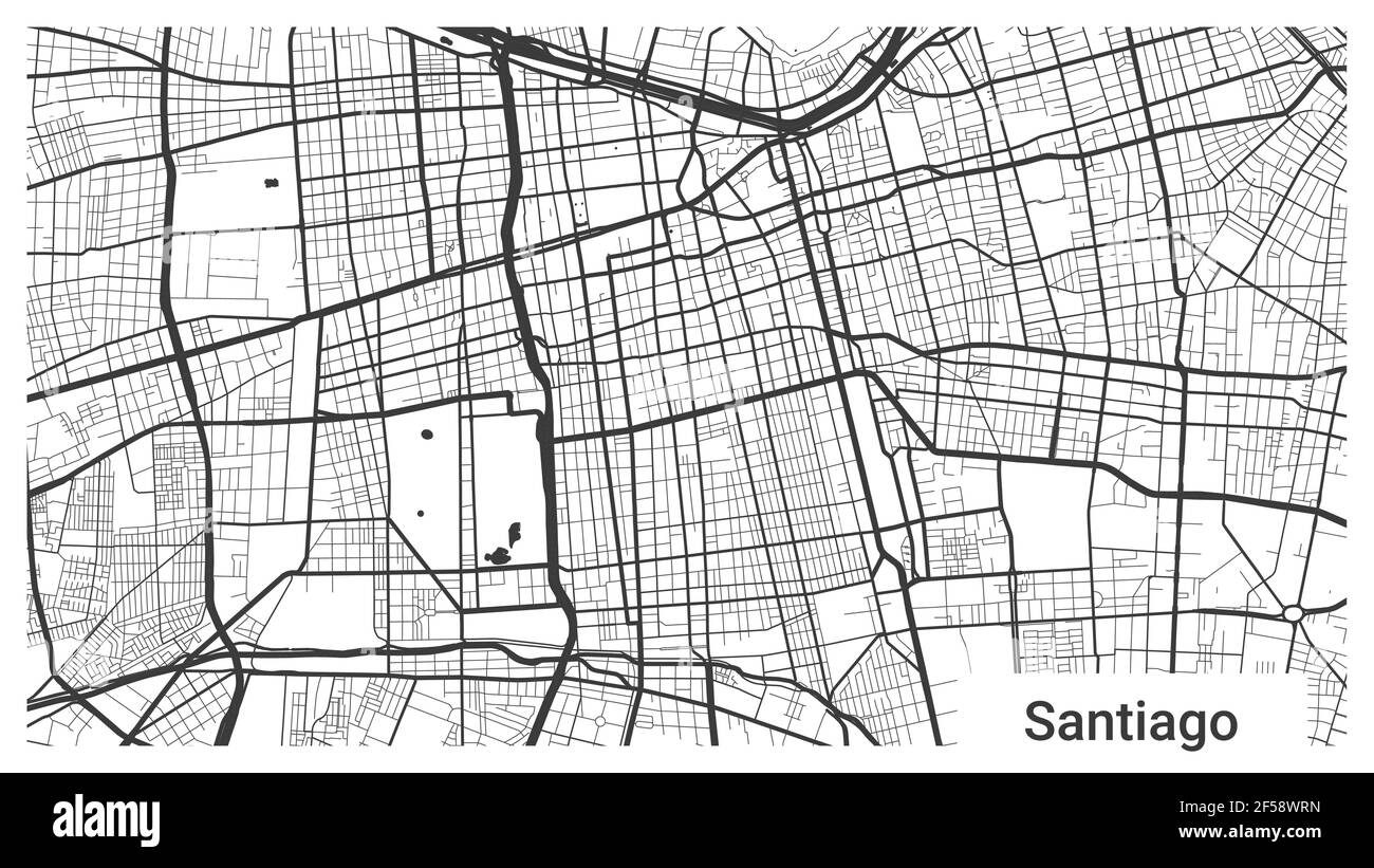 Mappa della città di Santiago, Cile. Sfondo orizzontale cartellone in bianco e nero terra, strade e fiumi. 1920 1080 proporzioni. Scala di grigi priva di royalty Illustrazione Vettoriale