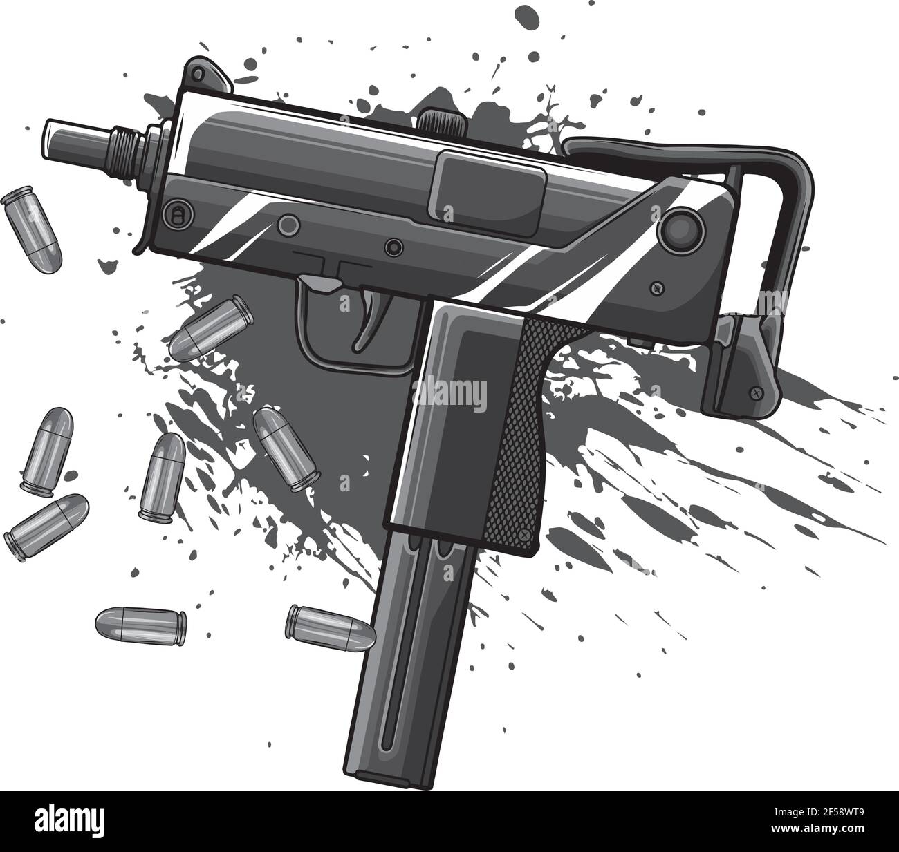 disegno di arma uzi esercito con proiettili e sangue Illustrazione Vettoriale