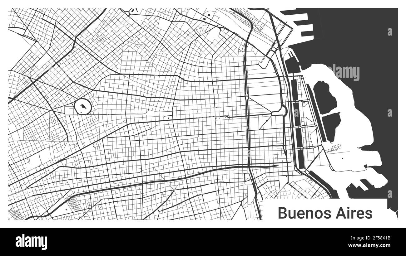 Mappa della città di Buenos Aires, Argentina. Sfondo orizzontale cartellone in bianco e nero terra, strade e fiumi. 1920 1080 proporzioni. Senza royalty gr Illustrazione Vettoriale