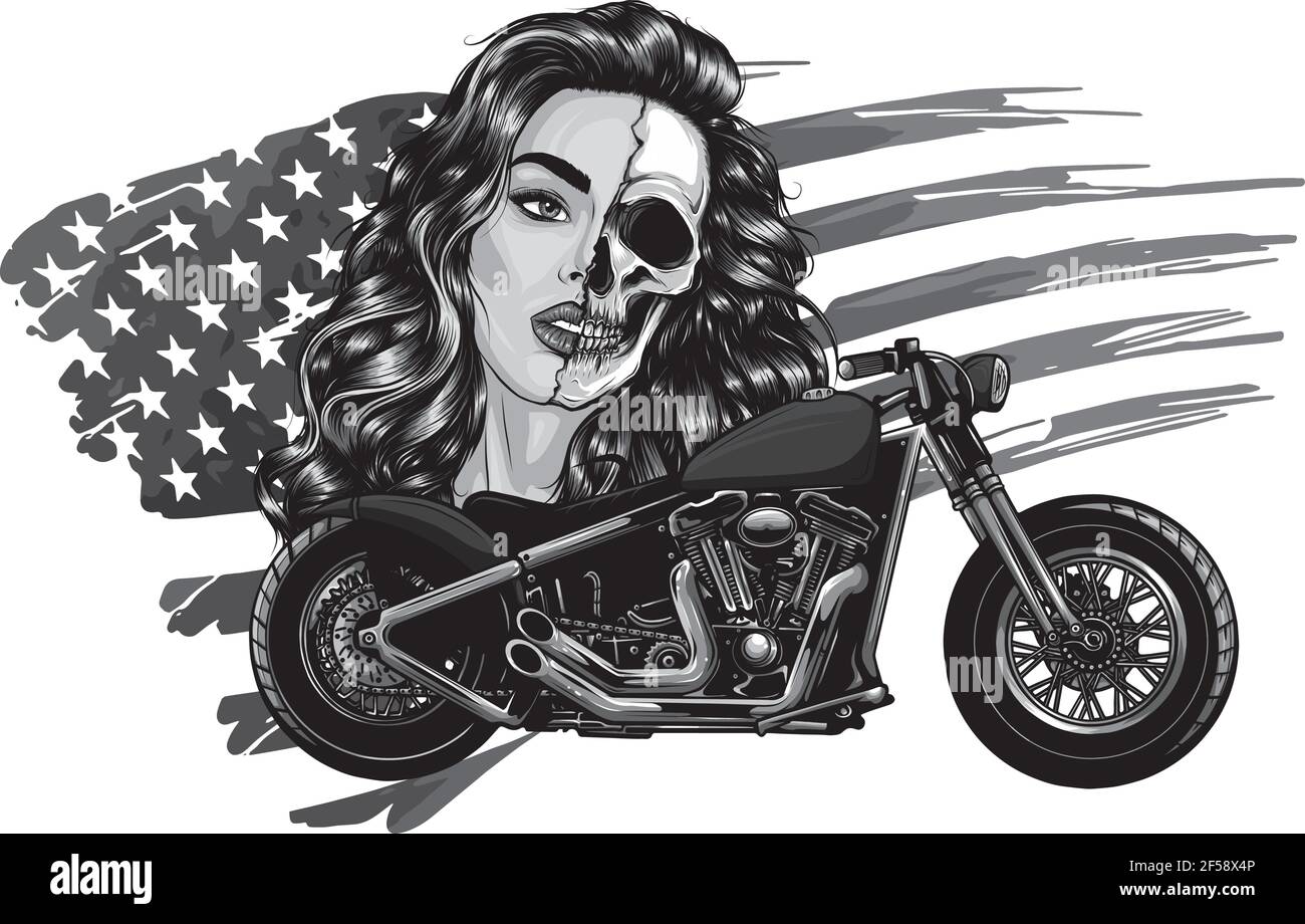 vector illustration moto chopper vintage con viso donna e americano allarme Illustrazione Vettoriale