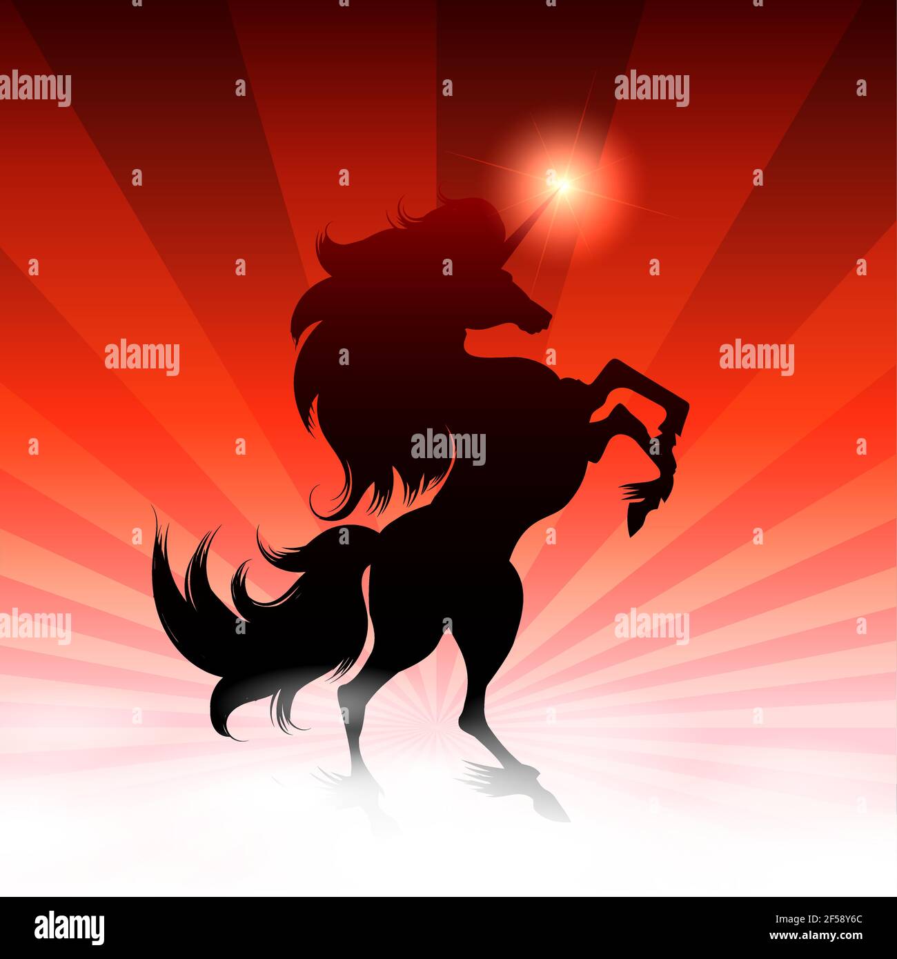 Unicorno nero e stella brillante su sfondo colorato. Illustrazione vettoriale. Illustrazione Vettoriale