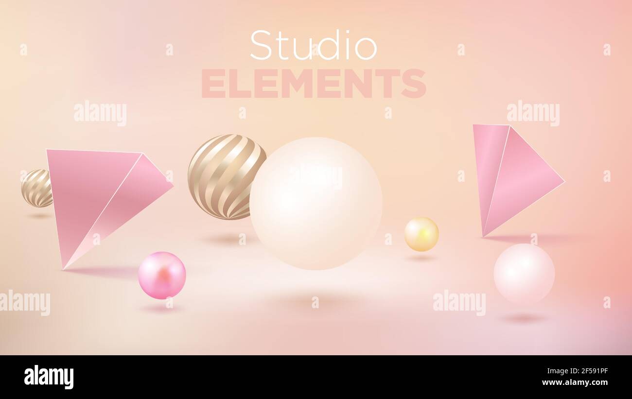 Sfondo rosa pastello con sfere e disegno geometrico illustrazione vettoriale. Illustrazione Vettoriale