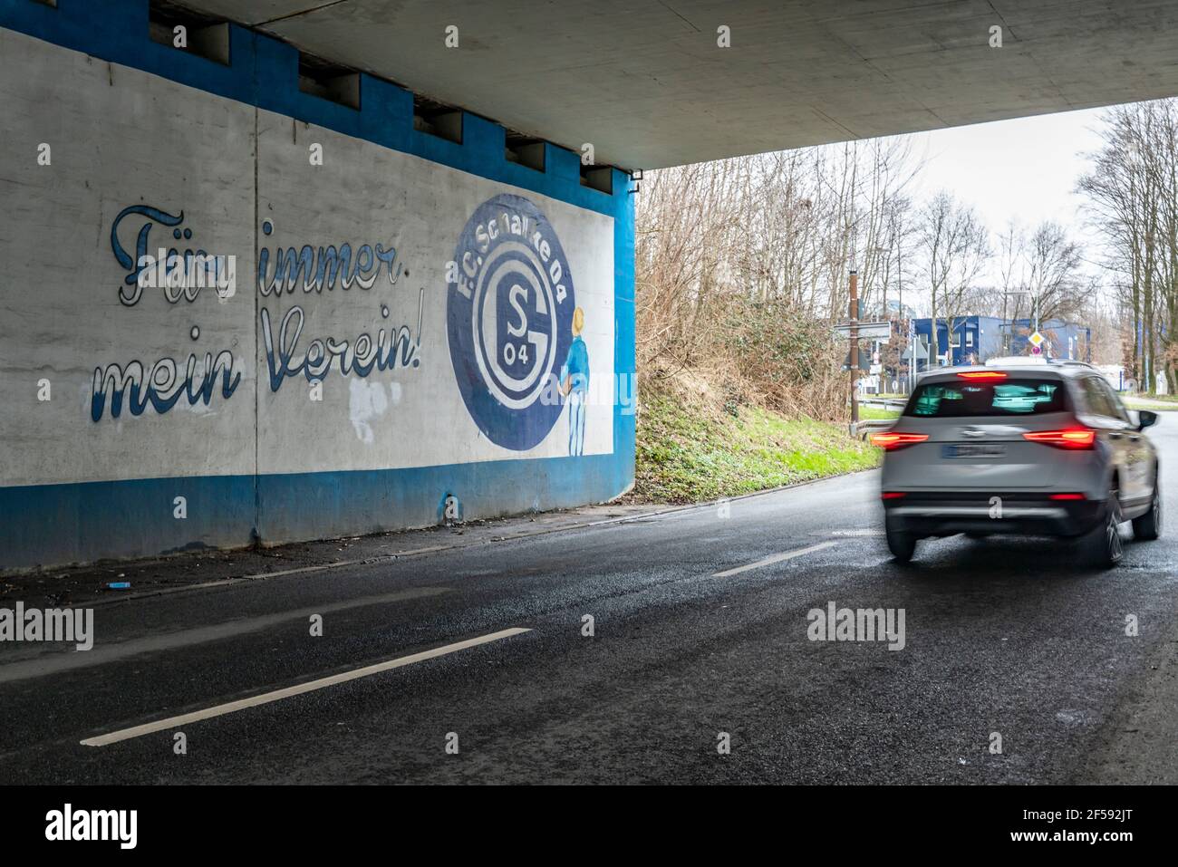 Murale, pittura a ventaglio del Bundesliga club FC Schalke 04, allo stadio Schalke, Veltins Arena, galleria stradale, a Gelsenkirchen, NRW, Germania Foto Stock