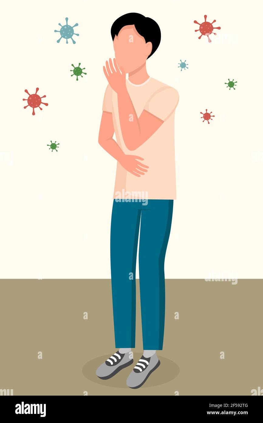 Il paziente tosse e starnuti. Malattia virale. Una persona infettiva. Coronovirus e le sue manifestazioni. Vettore. Illustrazione Vettoriale