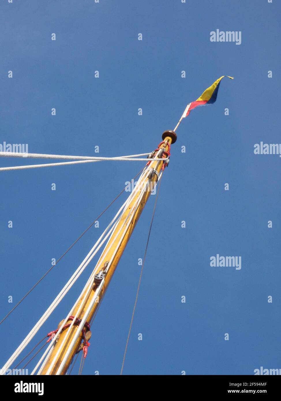 Bandiera di testa di palo e di legno contro un cielo blu Foto Stock