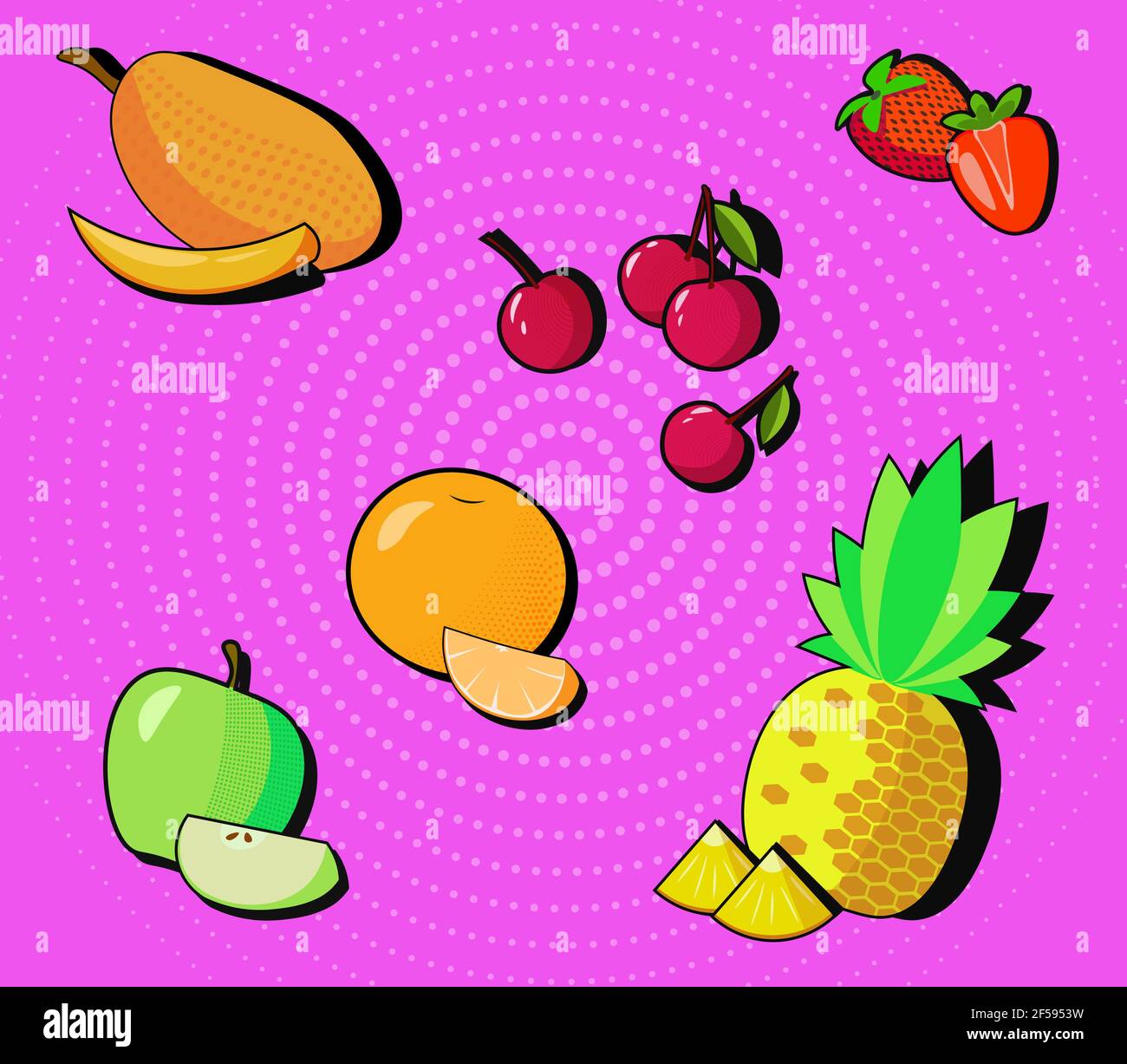 Set di frutti e bacche vettoriali pop art Illustrazione Vettoriale