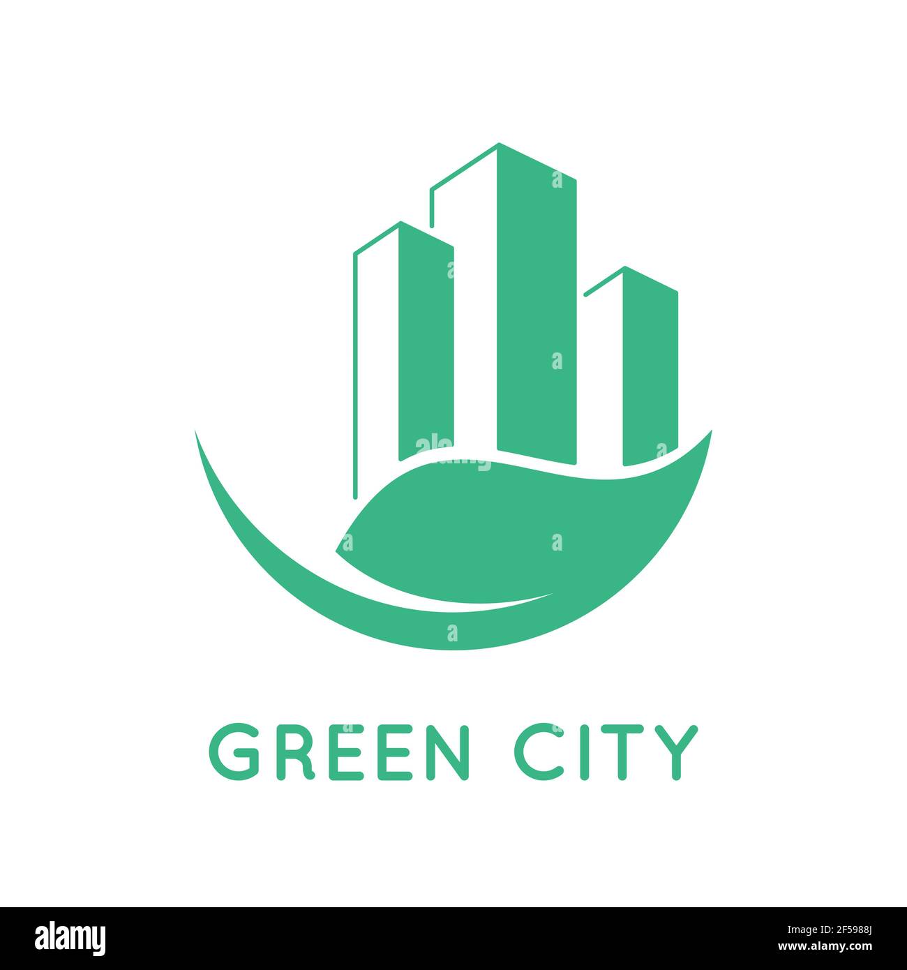 Icona verde della città. Edifici e foglie. Concetto di vita verde. La consapevolezza ambientale nell'area urbana. Logo o simbolo della casa ecocompatibile. Sostenibilità Illustrazione Vettoriale