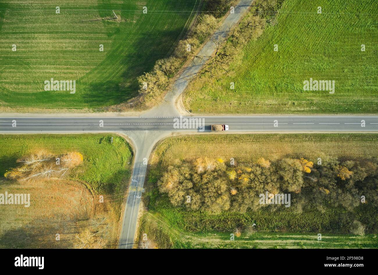 Vista aerea della strada nella foresta d'autunno. Foto Stock
