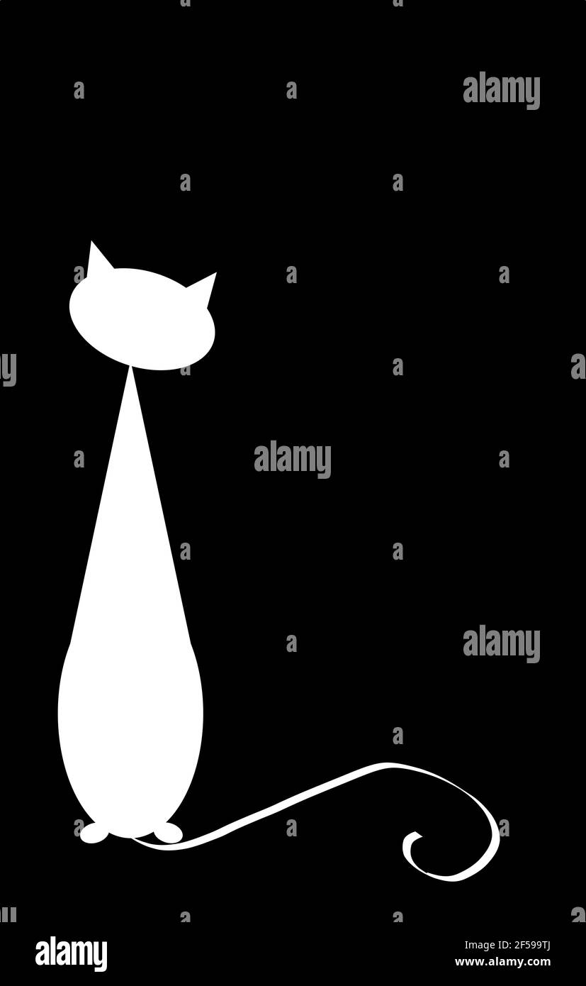Un gatto stilizzato bianco che si disegna su sfondo nero. Illustrazione minimalista del gatto. Foto Stock