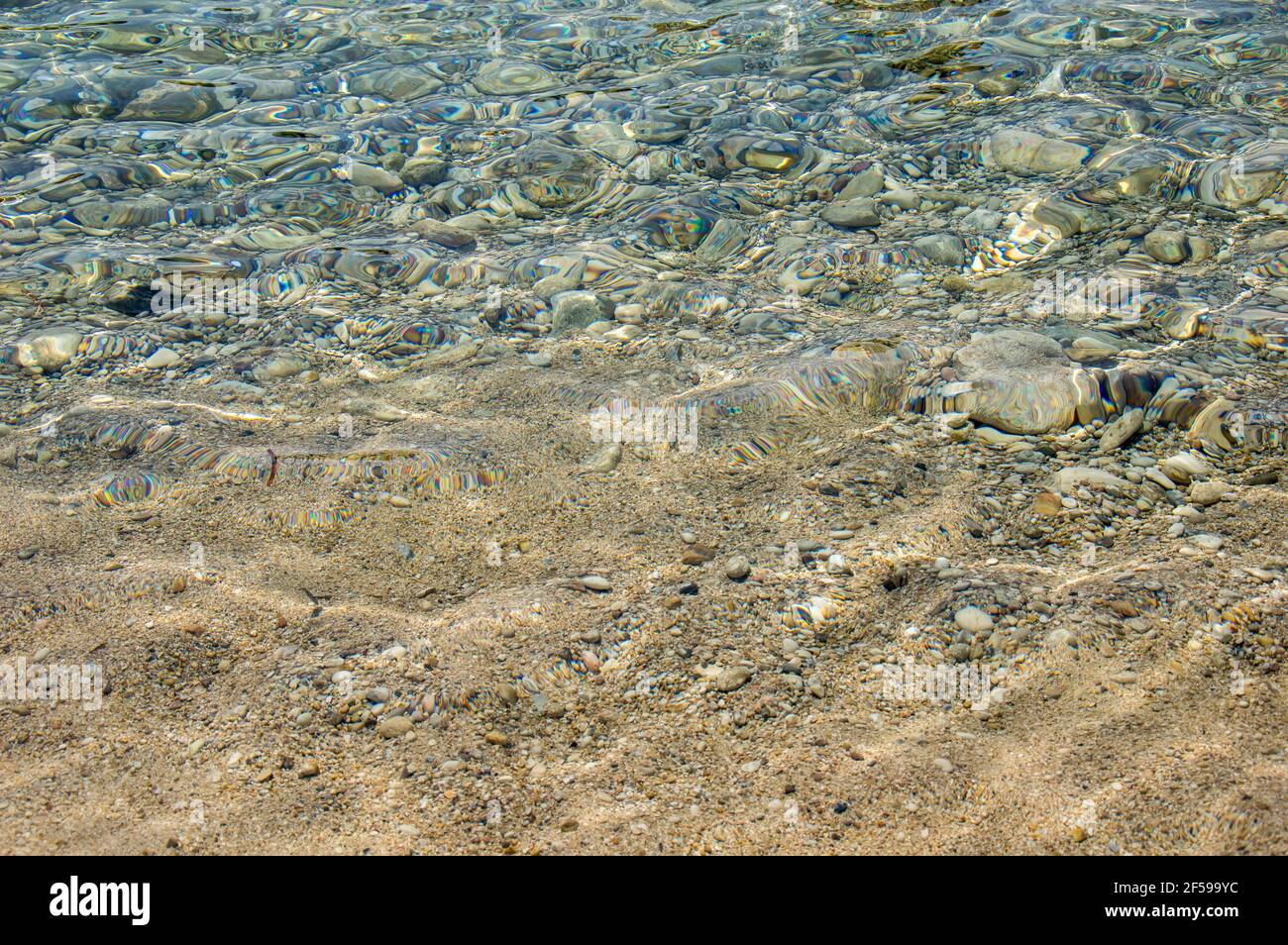 Primo piano di acque cristalline con pietre vicino alla spiaggia sull'isola di Corfù in Grecia. Sfondo con rifrazione della luce sulla superficie trasparente dell'acqua Foto Stock