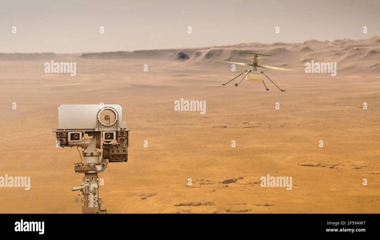 Esplorazione del pianeta rosso, perseveranza Mars rover e un drone ingegno, elementi di Questa immagine è fornita dall'illustrazione 3D della NASA Foto Stock
