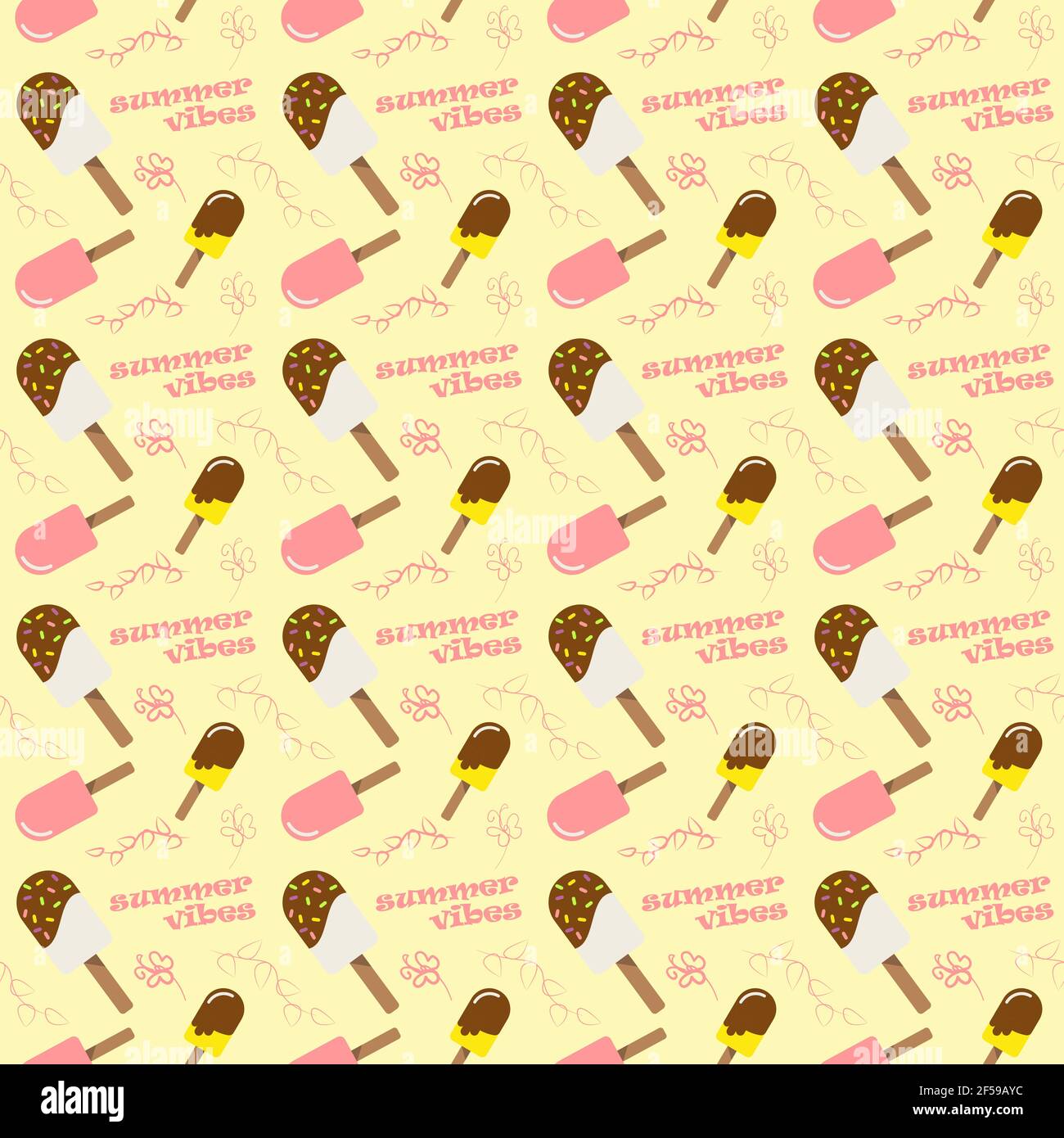 Colori senza cuciture con farfalla abbozzata, piante e gelato su sfondo giallo Illustrazione Vettoriale