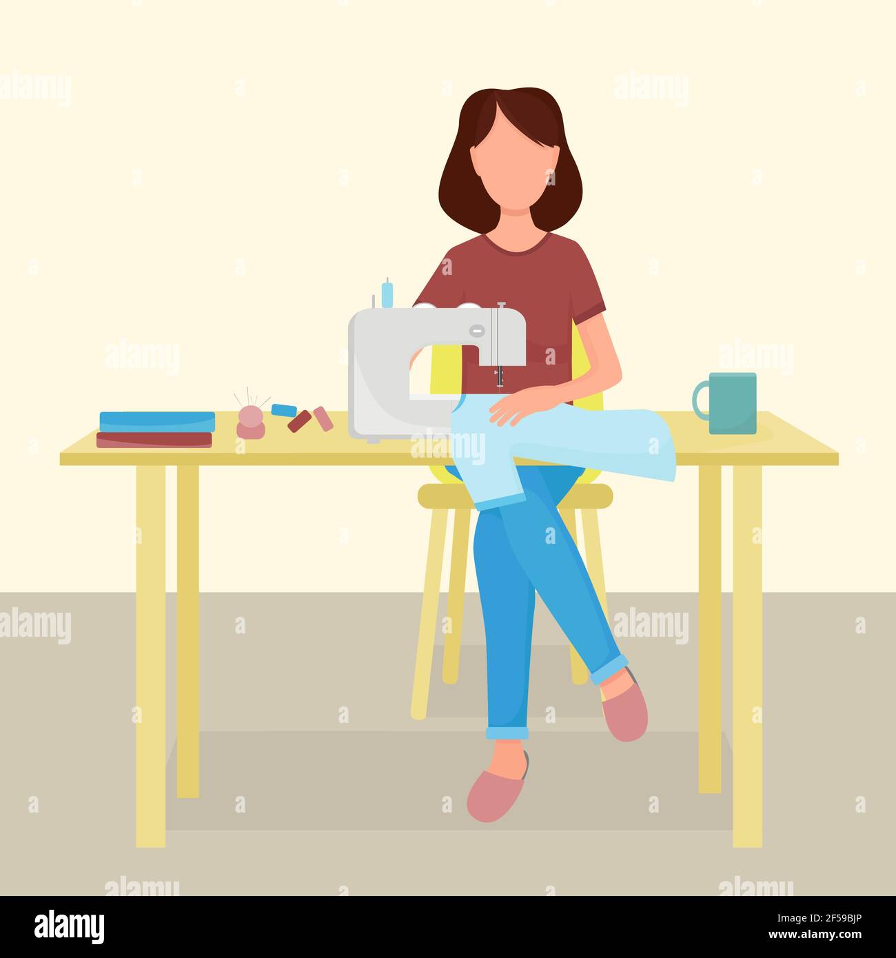 Una donna cucita su una macchina da cucire. La donna dell'ago cucina la camicia. Una giovane ragazza è impegnata nel lavoro di ago. Hobby. Un dressaker lavora nell'atelier. Illustrazione Vettoriale