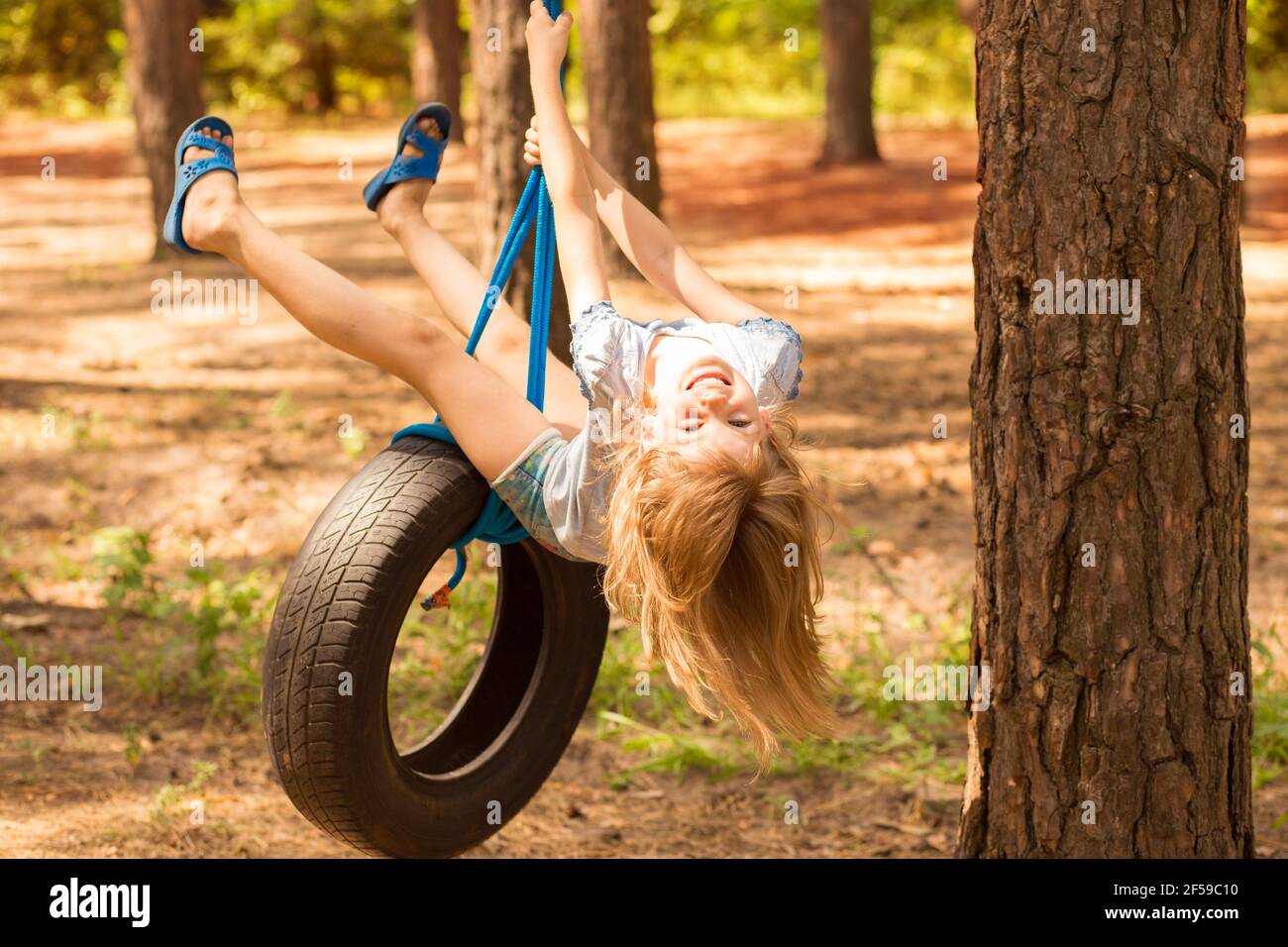 Carino bambina che oscilla sulla ruota attaccata al grande albero nella foresta di autunno. Foto Stock