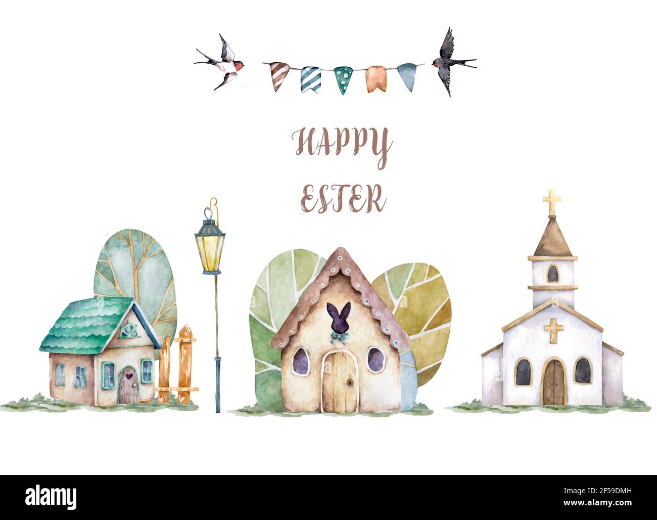 Pasqua Landcity Chiesa, coniglietto casa disegnata a mano acquerello illustrazione isolata per pasqua, matrimonio, biglietto di auguri Foto Stock