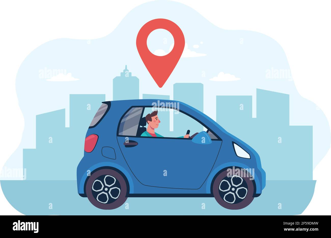 Un'auto elettrica con una posizione geotaggata sullo sfondo della città. Illustrazione vettoriale in stile piatto. Illustrazione Vettoriale