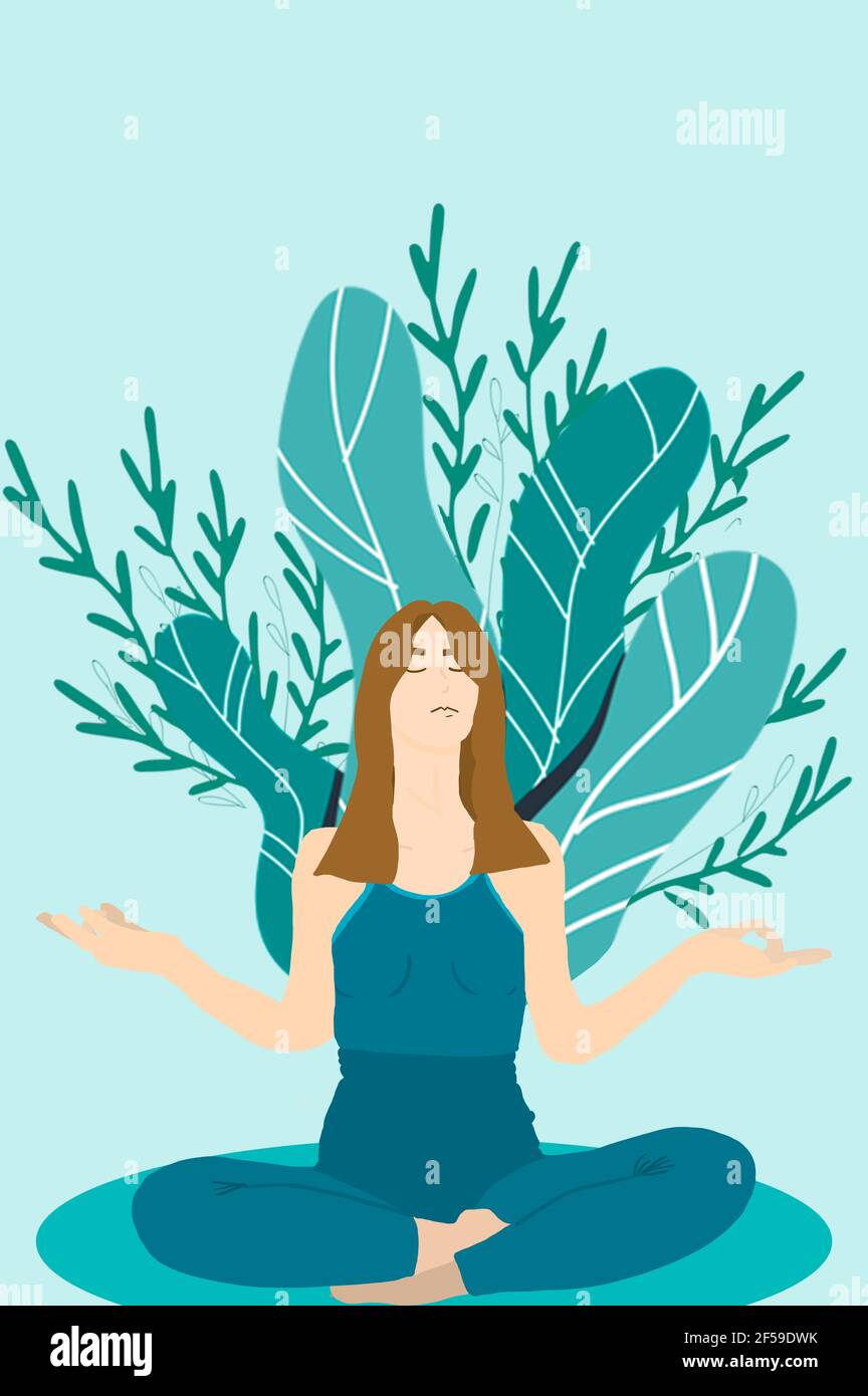 La donna si siede nella posizione del loto mentre conosce i benefici per la salute per il corpo, la mente e le emozioni. Concetto di consapevolezza 2021. Foto Stock