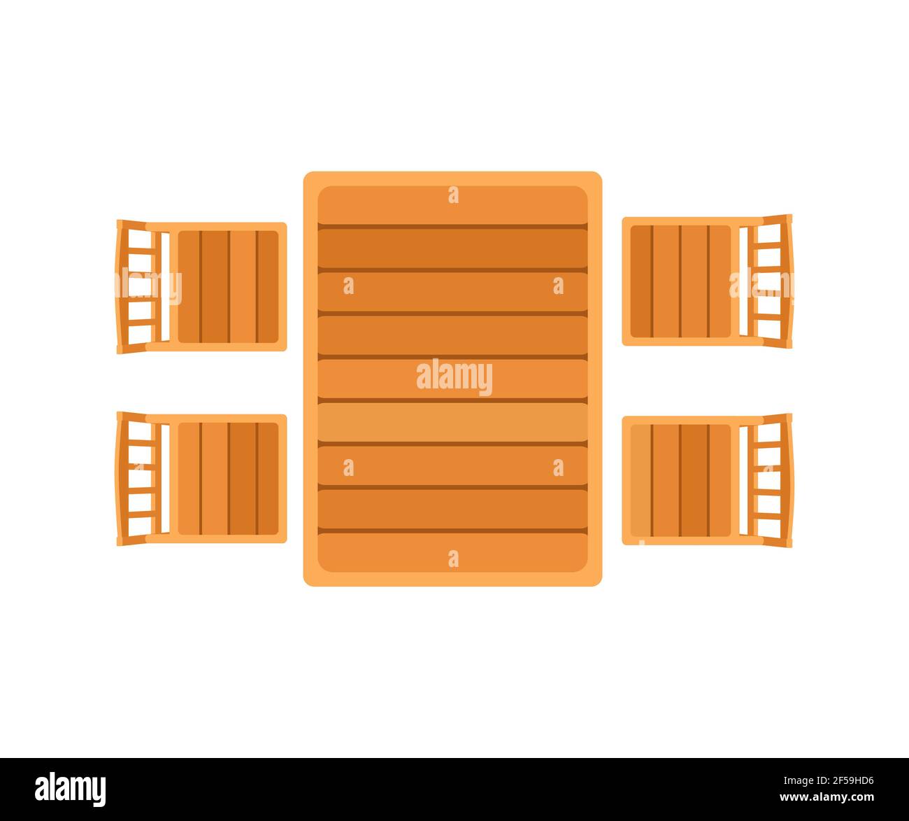 Mobili da giardino. Tavolo e sedie in legno isolati su sfondo bianco. Stile piatto cartoon. Illustrazione vettoriale Foto Stock