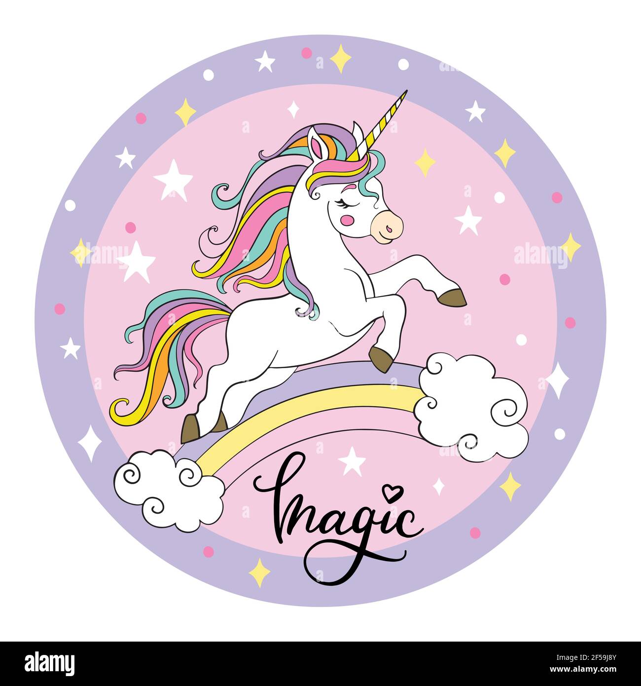 Simpatico unicorn cartoon in esecuzione sull'arcobaleno. Illustrazione vettoriale forma del cerchio su sfondo rosa. Per festa, stampa, acquazzone del bambino, carta da parati, disegno, de Illustrazione Vettoriale