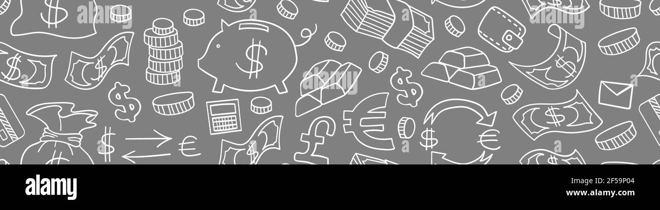 Doodle Money senza giunture bordo orizzontale. Contorno oggetti disegnati a mano su sfondo grigio. Illustrazione vettoriale. Illustrazione Vettoriale