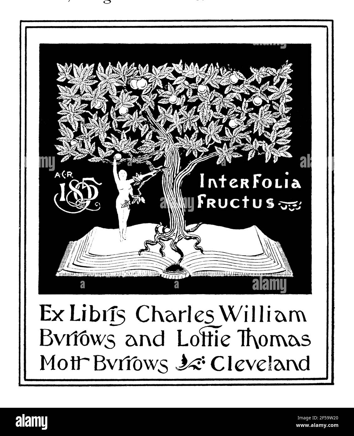 1895 bookplate americano di Charles William Burrows e moglie Lottie Thomas Mott Burrows, proprietario di Burrows Brothers Booksellers, di Cleveland Ohio Foto Stock