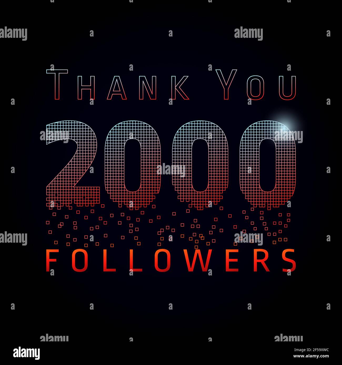 Grazie 2000 followers pixel numbers. Vettoriale congratulandosi con la carta colorata grazie per gli amici di rete, pixel brillanti. Duemila piace cel astratto Illustrazione Vettoriale
