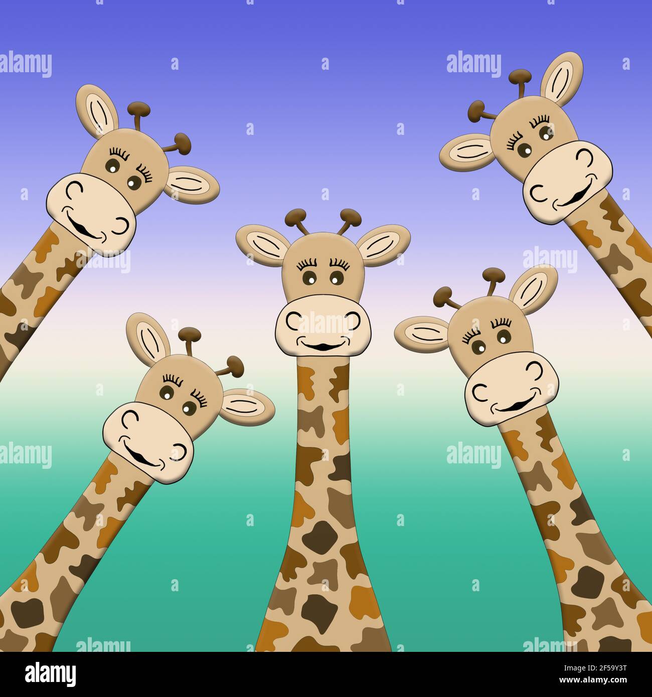 Un'illustrazione di una fila di graziose giraffe cartoon che guardano avanti Foto Stock