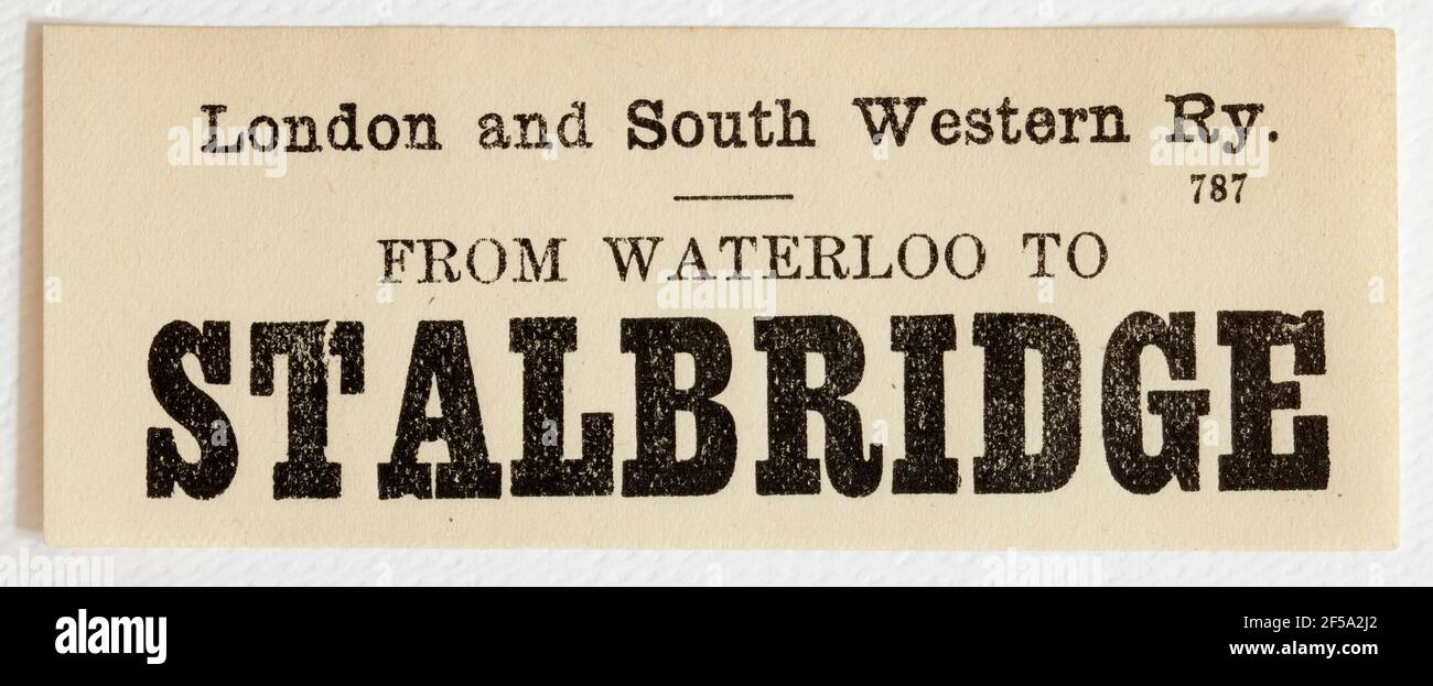 Etichetta del treno Vintage Midland & South Western Railway - da Da Londra Waterloo a Stalbridge Foto Stock