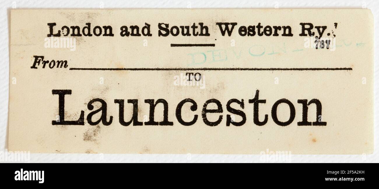 Etichetta del treno Vintage Midland & South Western Railway - da Da Waterloo a Launceston Foto Stock