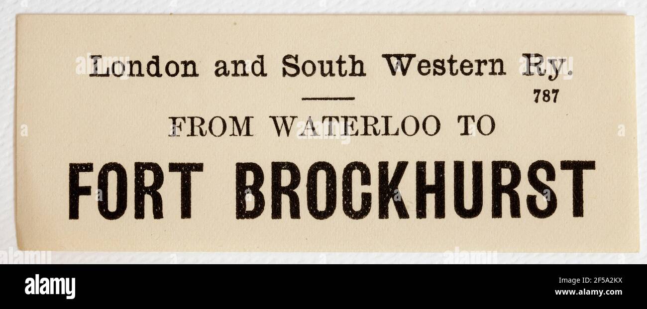 Etichetta del treno Vintage Midland & South Western Railway - da Da Londra Waterloo a Fort Brockenhurst Foto Stock