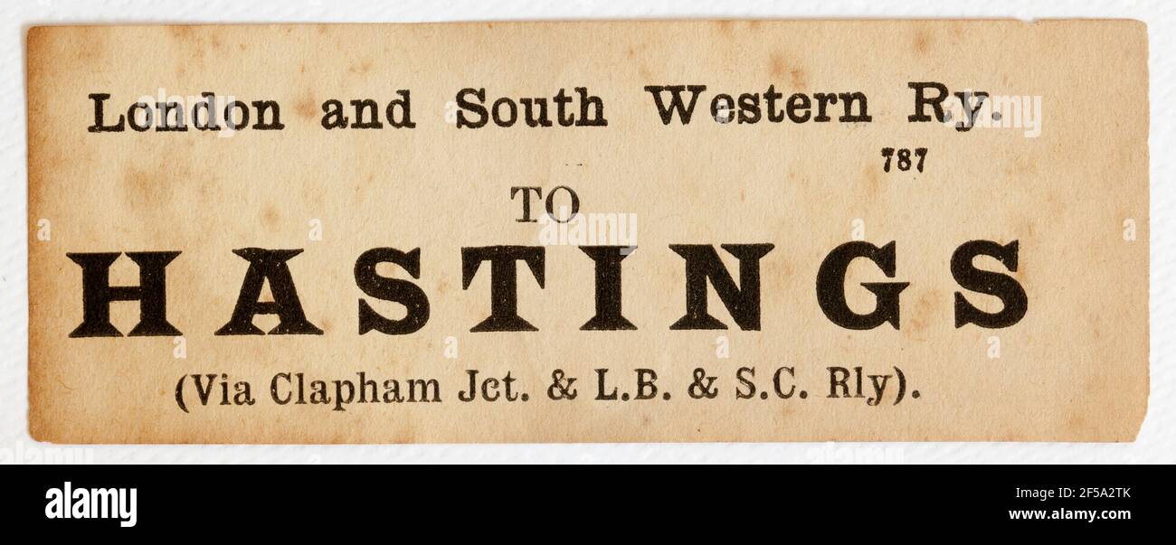 Etichetta del treno Vintage Midland & South Western Railway - da Da Londra Waterloo a Hastings Foto Stock