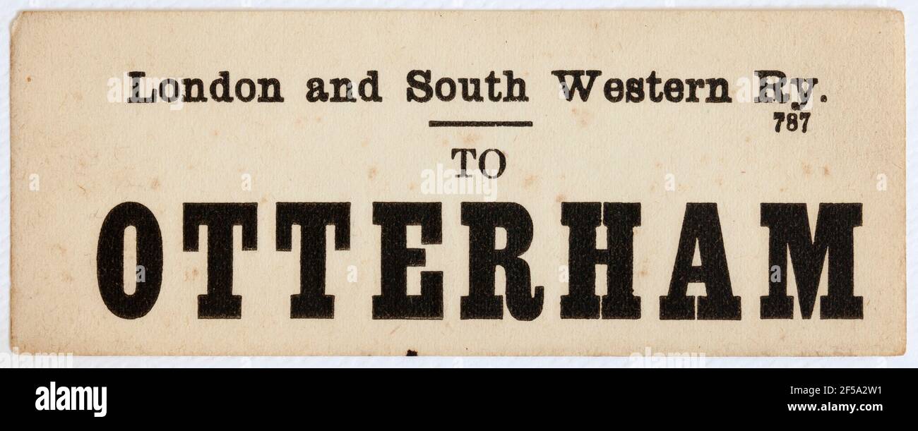 Etichetta del treno Vintage Midland & South Western Railway - da Da Londra a Otterham Foto Stock