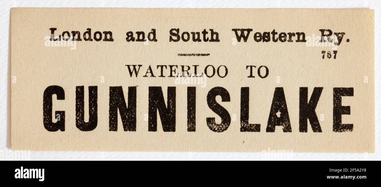 Etichetta del treno Vintage Midland & South Western Railway - da Da Londra Waterloo a Gunnislake Foto Stock