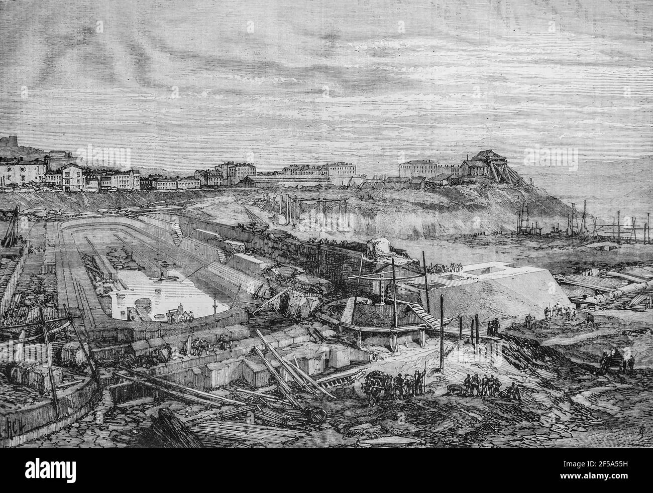 lles nouveaux docks construits par le gouvernement italien dans le port de la spzzia ,'univers illustre,editeur michel levy 1868 Foto Stock