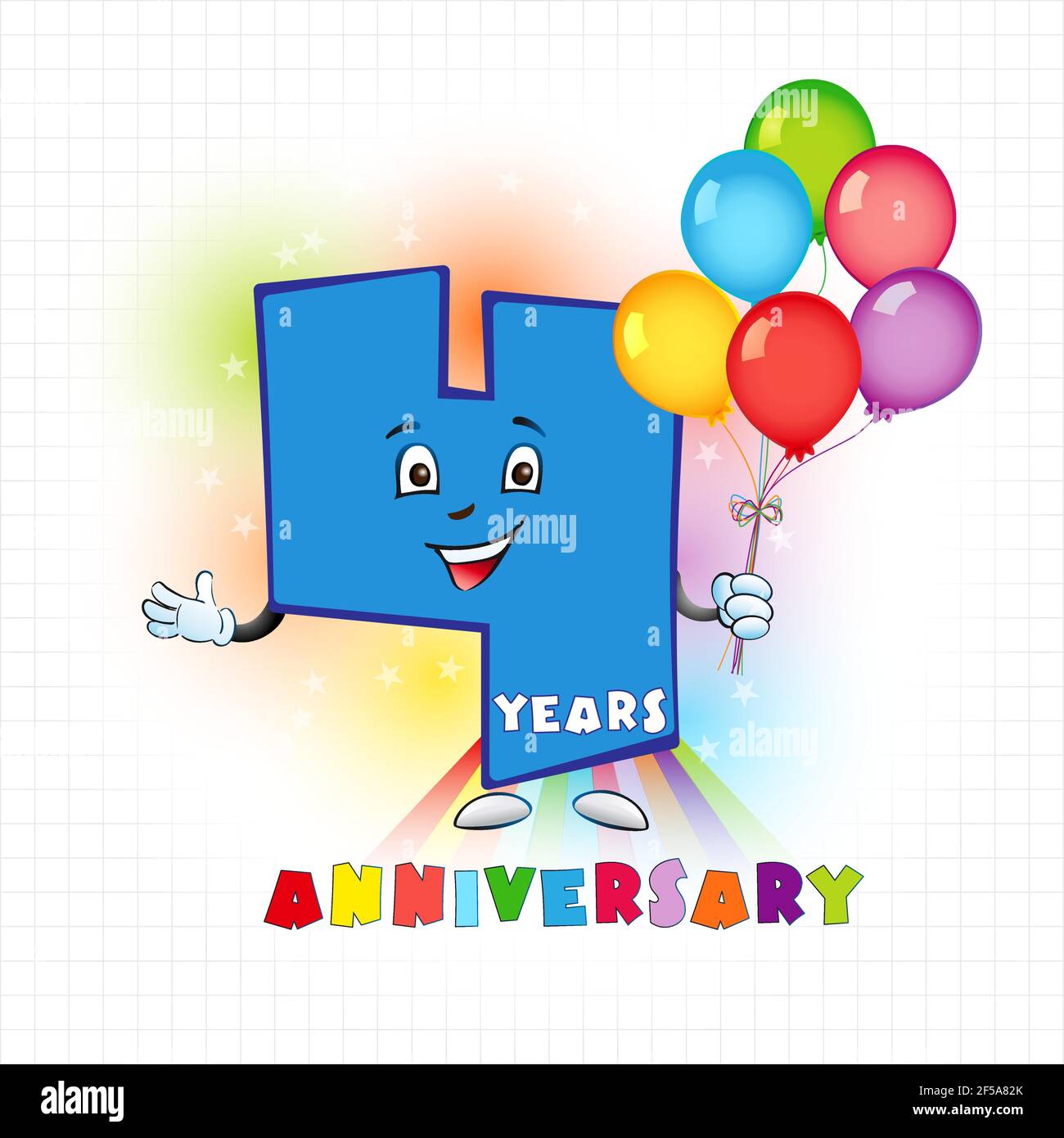 Logotipo animato di quattro anni. 4 anniversario divertente logo. Carta colorata compleanno bambini con cifra personificata, molti luminosi festeggiamenti congratulazioni Illustrazione Vettoriale