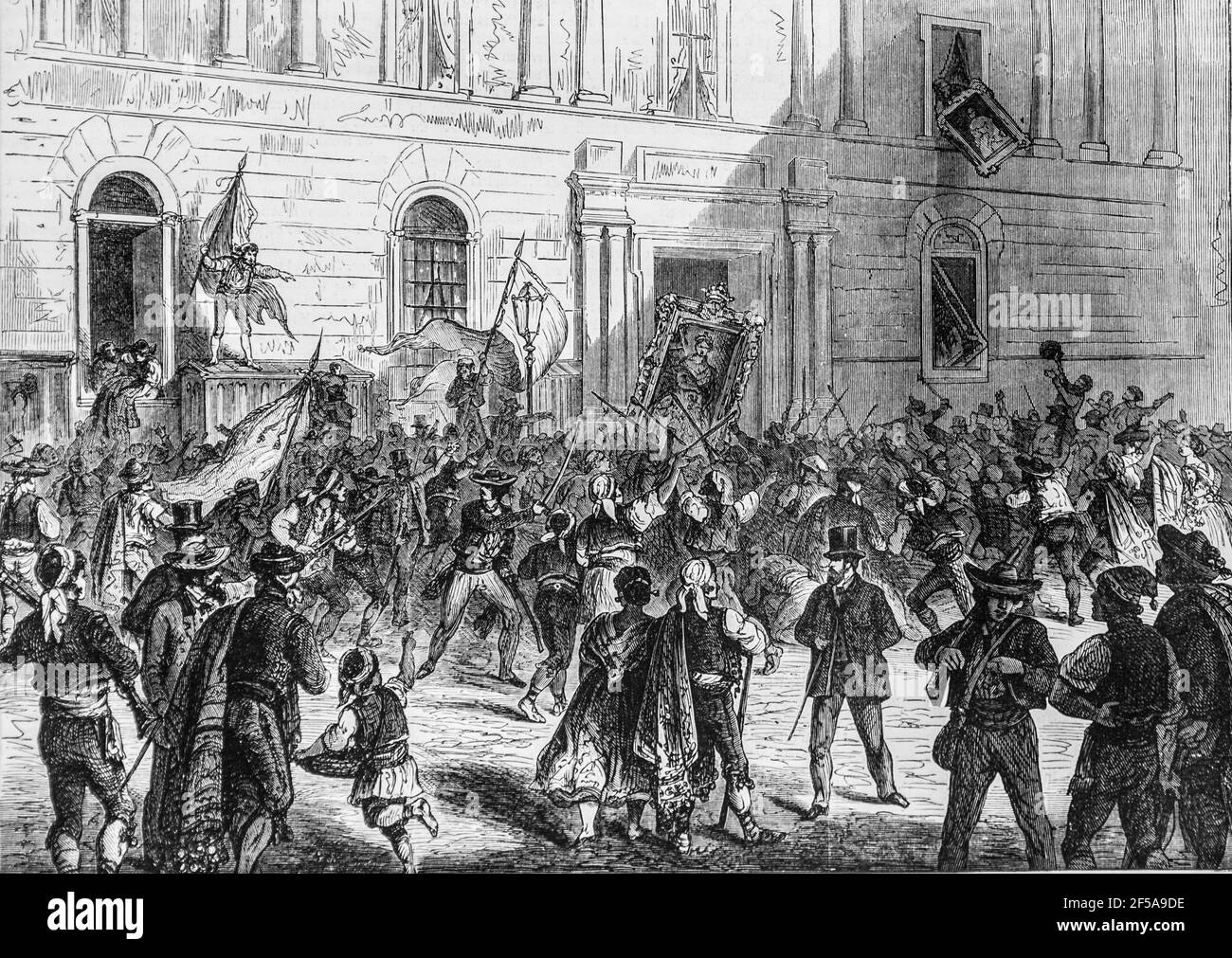 espagne manifestation populaire devant le ministere des travaux public a madrid, l'univers illustre,editeur michel levy 1868 Foto Stock