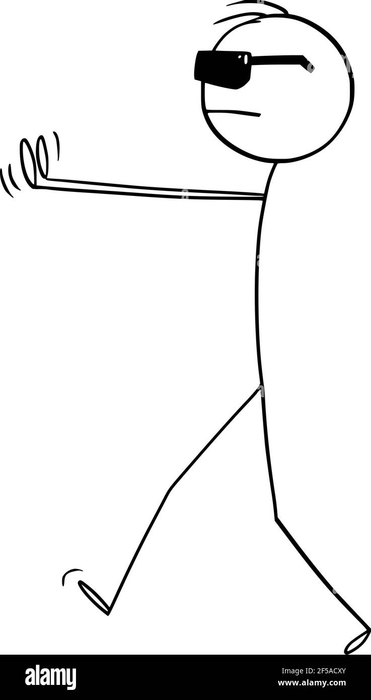 L'uomo con gli occhiali da sole neri non vede nulla, camminando come ciechi. Figura del bastone del cartone vettoriale Illustrazione Vettoriale