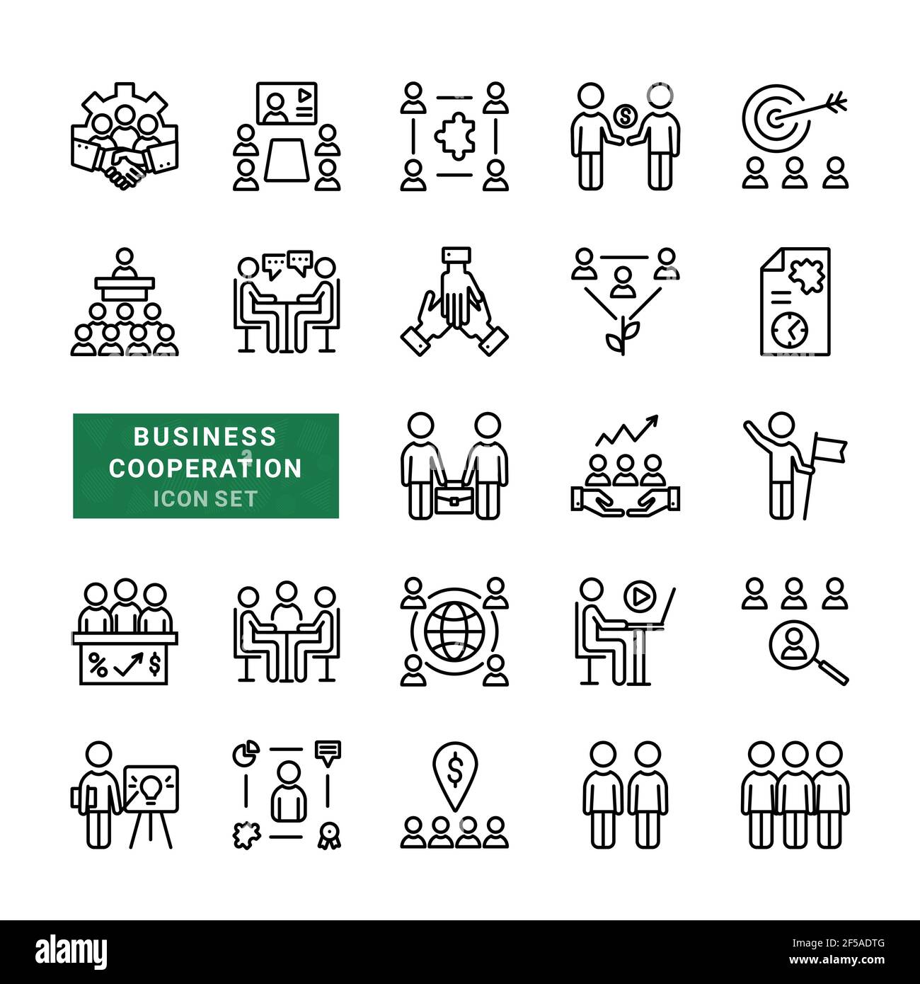 Business сooperation - Set minimo di icone per il Web sottile. Incluse le icone vettoriali semplici come lavoro di squadra, partnership, processo aziendale. Icone di contorno co Illustrazione Vettoriale