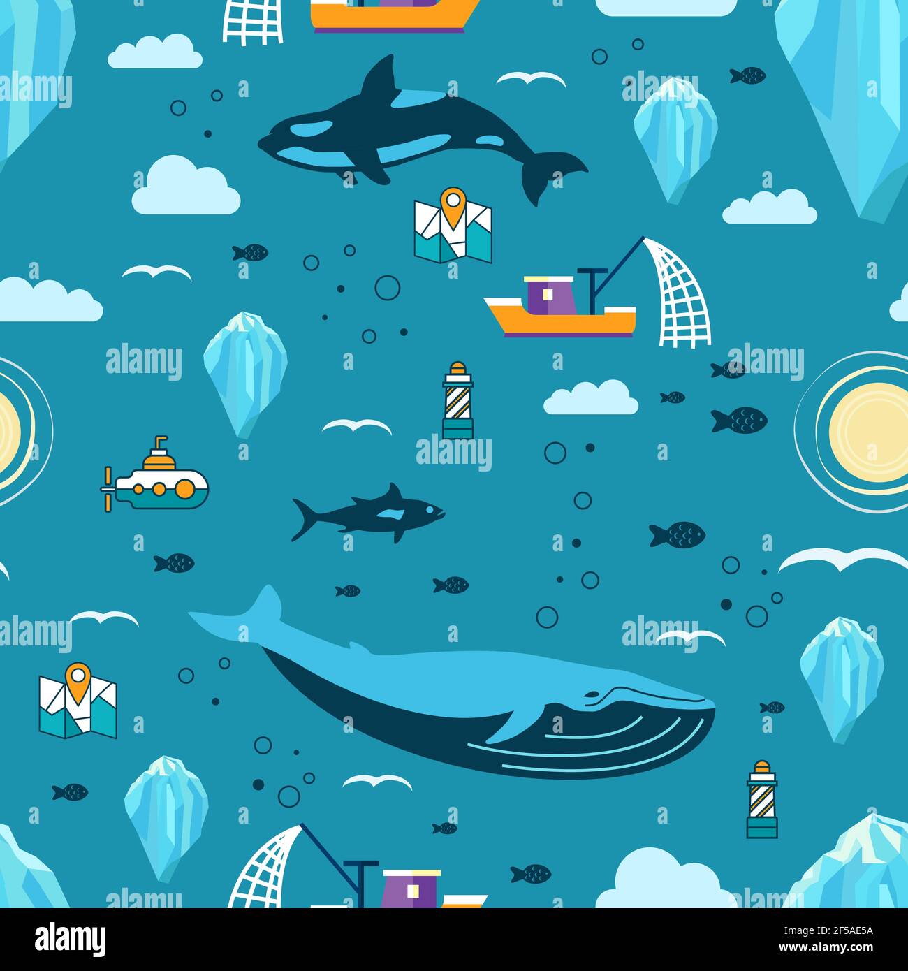 Modello senza cuciture con iceberg, mammiferi, pesci, mappa, faro, sole, nuvole e nave. Illustrazione vettoriale Illustrazione Vettoriale