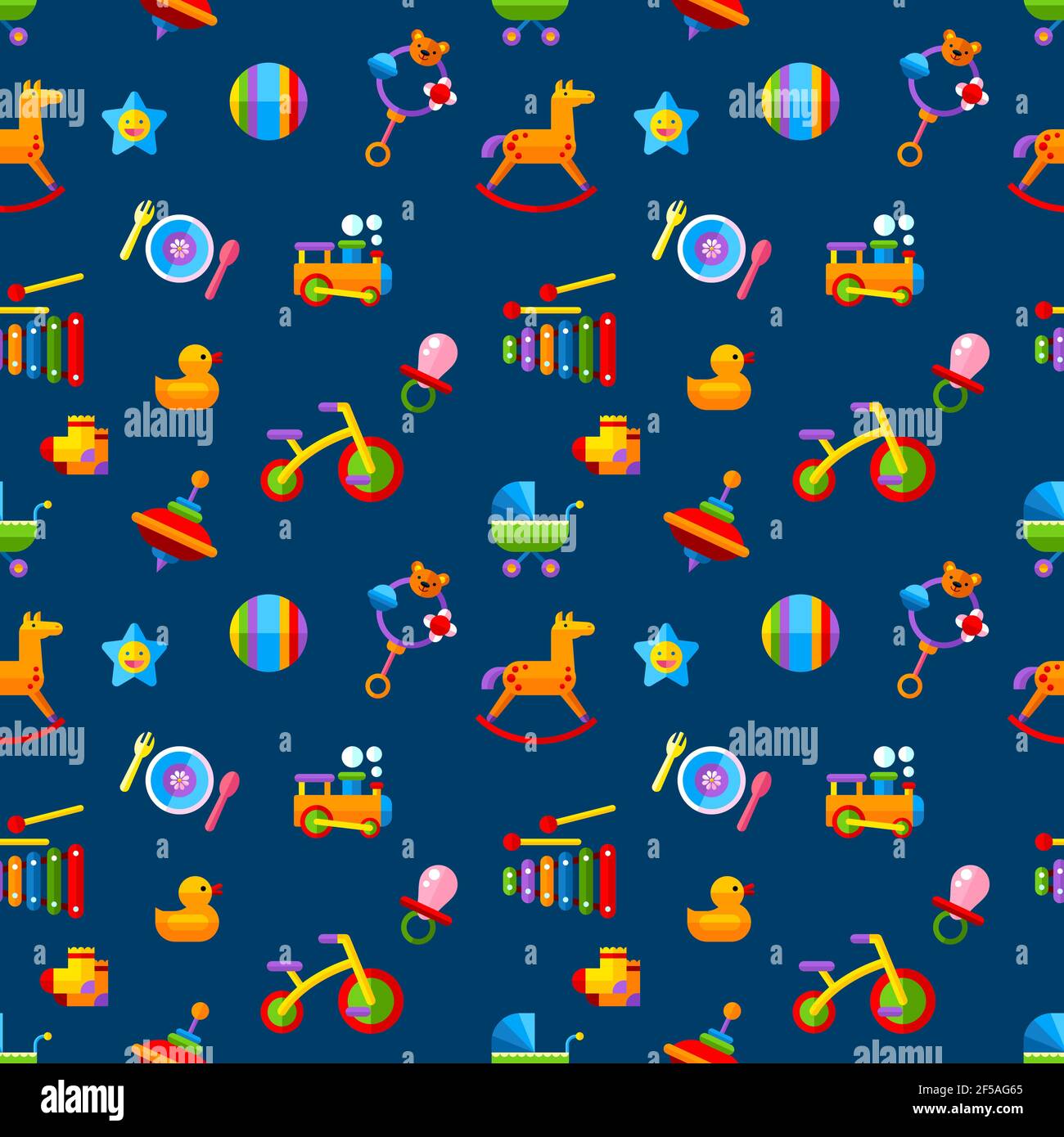Baby Seamless pattern.includeva le icone vettoriali come treno, bicicletta, palla, vortici e pram.Flat vettore illustrazione Illustrazione Vettoriale