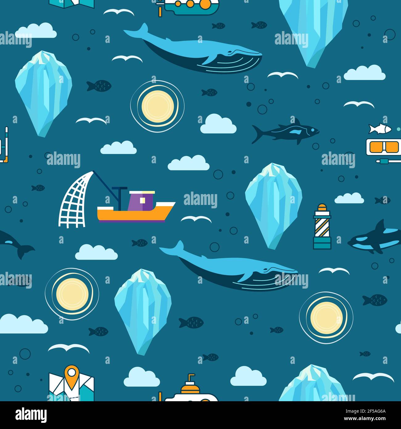 Vettore subacqueo modello senza giunture con iceberg, mammiferi e pesci. Modello di carta da imballaggio. Illustrazione piatta di iceberg. Illustrazione Vettoriale
