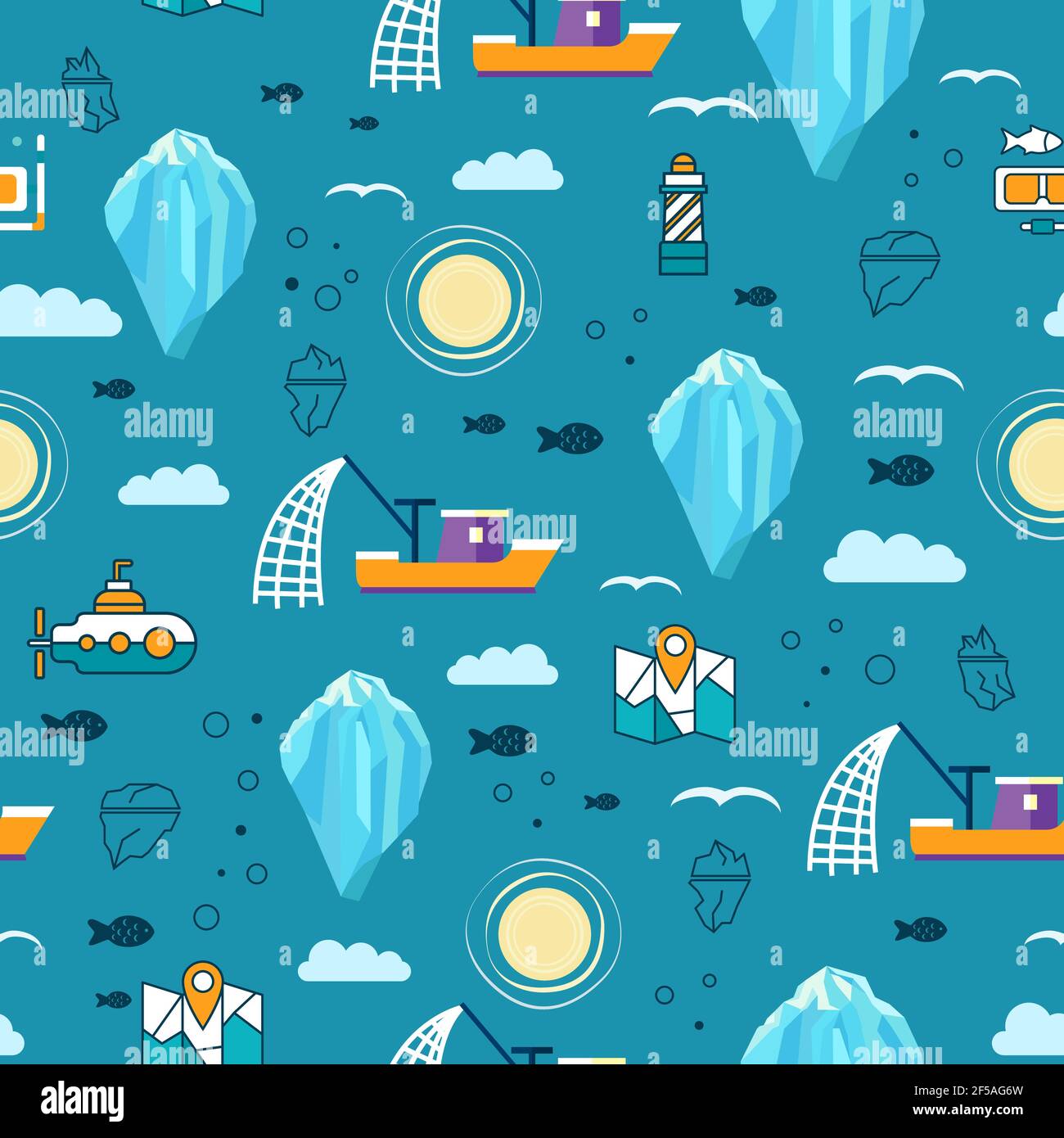Schema senza cuciture con iceberg, nave, sole, pesce e illustrazione sottomarino.vettoriale Illustrazione Vettoriale