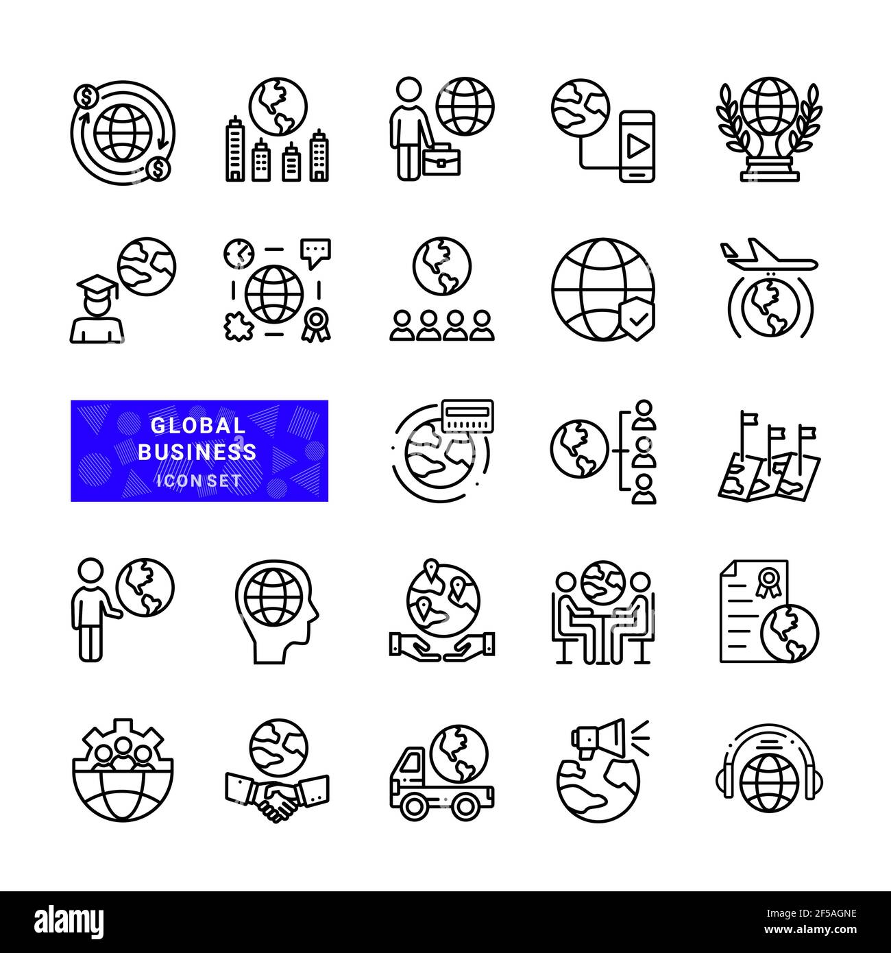 Insieme di attività globali. Incluse le semplici icone delle linee vettoriali come gestione globale, cooperazione strategica, business internazionale e molto altro ancora. Illustrazione Vettoriale