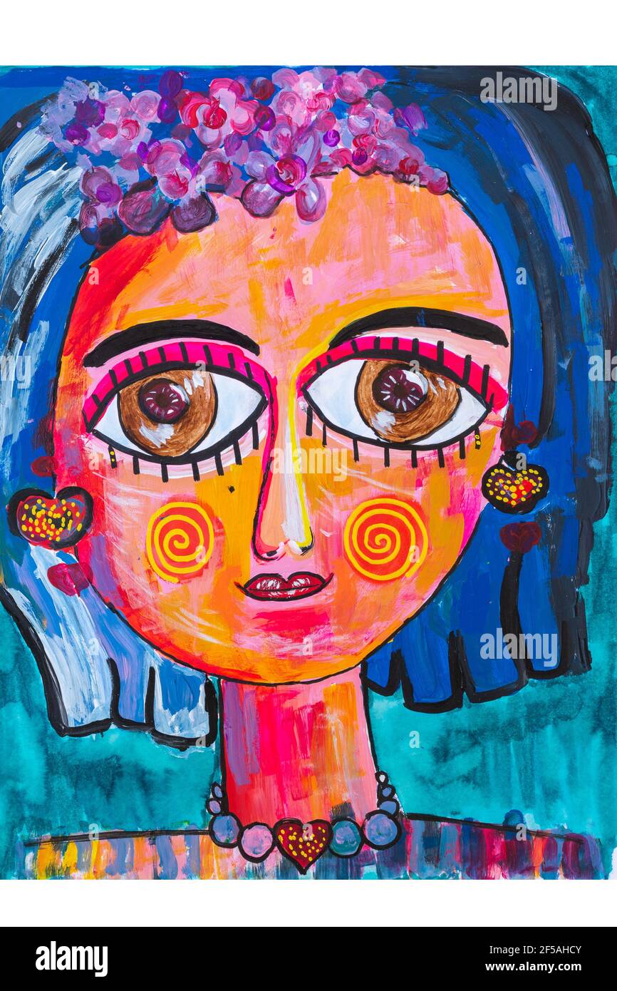 pittura del volto di una donna con tecniche diverse Foto Stock