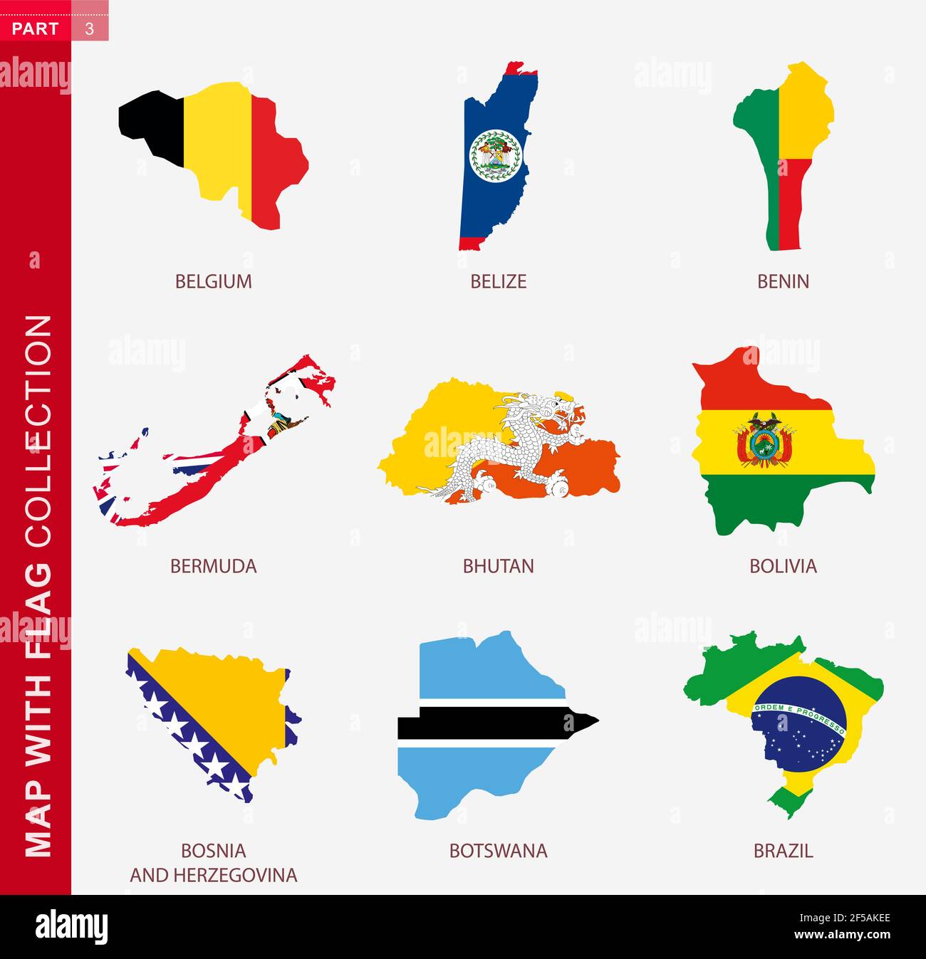 Mappa con raccolta bandiere, nove mappe con bandiera del Belgio, Belize, Benin, Bermuda, Bhutan, Bolivia, Bosnia-Erzegovina, Botswana, Brasile Illustrazione Vettoriale