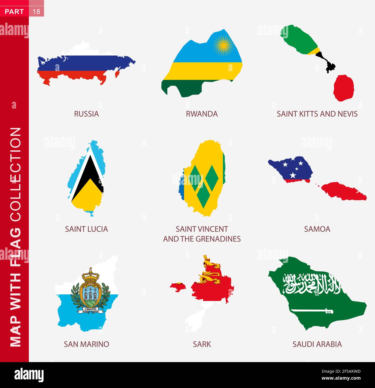 Mappa con collezione di bandiere, nove mappe con bandiera di Russia, Ruanda, Saint Kitts e Nevis, Santa Lucia, Saint Vincent e Grenadine, Samoa, S. Illustrazione Vettoriale