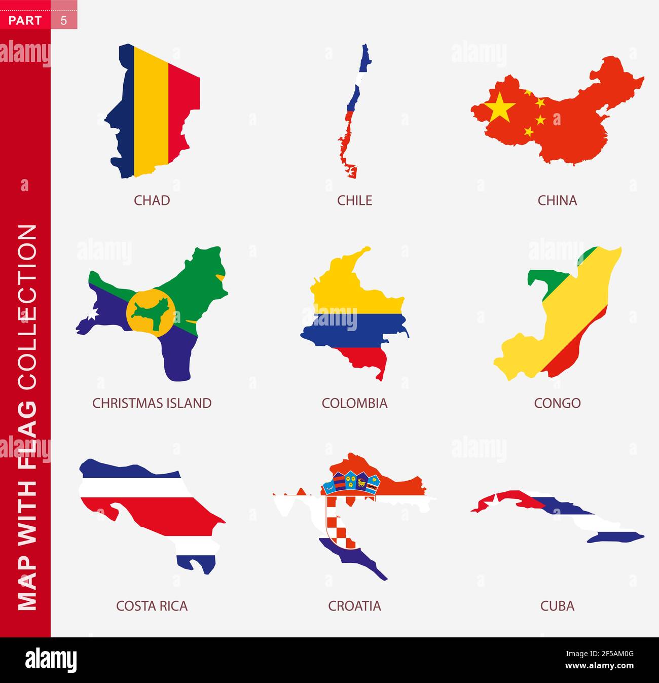 Mappa con raccolta di bandiere, nove mappe con bandiera del Ciad, Cile, Cina, Isola di Natale, Colombia, Congo, Costa Rica, Croazia, Cuba Illustrazione Vettoriale